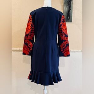 Yashiyue Embroidered Floral Red & Navy Blue Dress. Flounced hem, long sleeve. XL